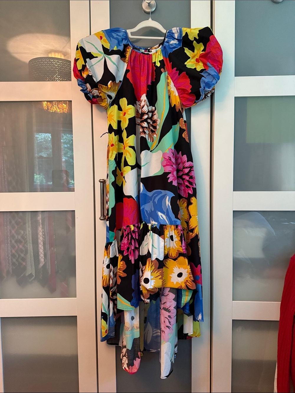 Christopher John Rogers Kids Black Multi Floral Puff-Sleeve Dress Small
